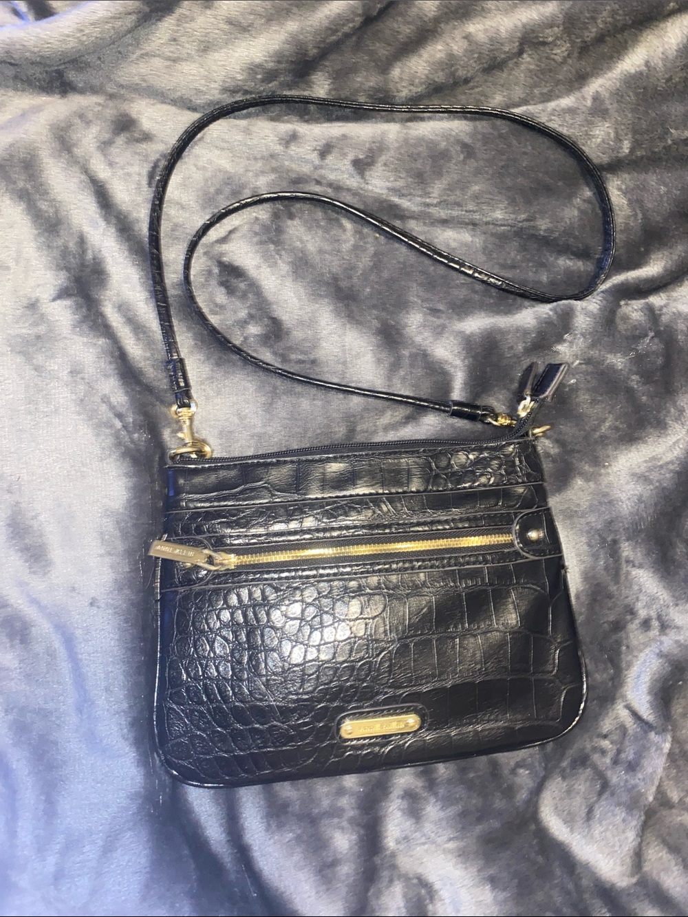 Anne Klein Black Croc-Embossed Crossbody with Gold Hardware